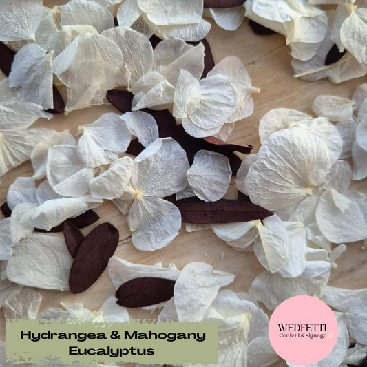 Petal Confetti hydrangea + Eucalyptus White Mahogany