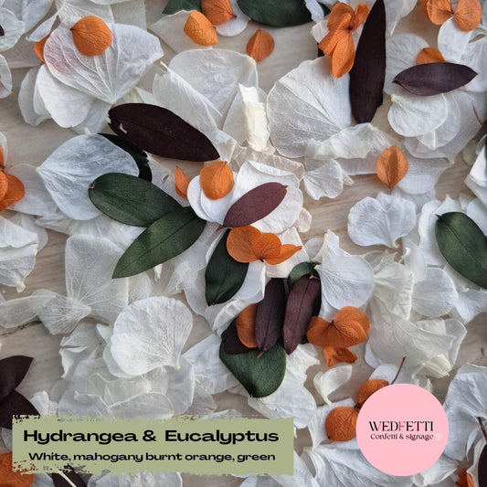 Petal Confetti hydrangea + Eucalyptus mahogany mix