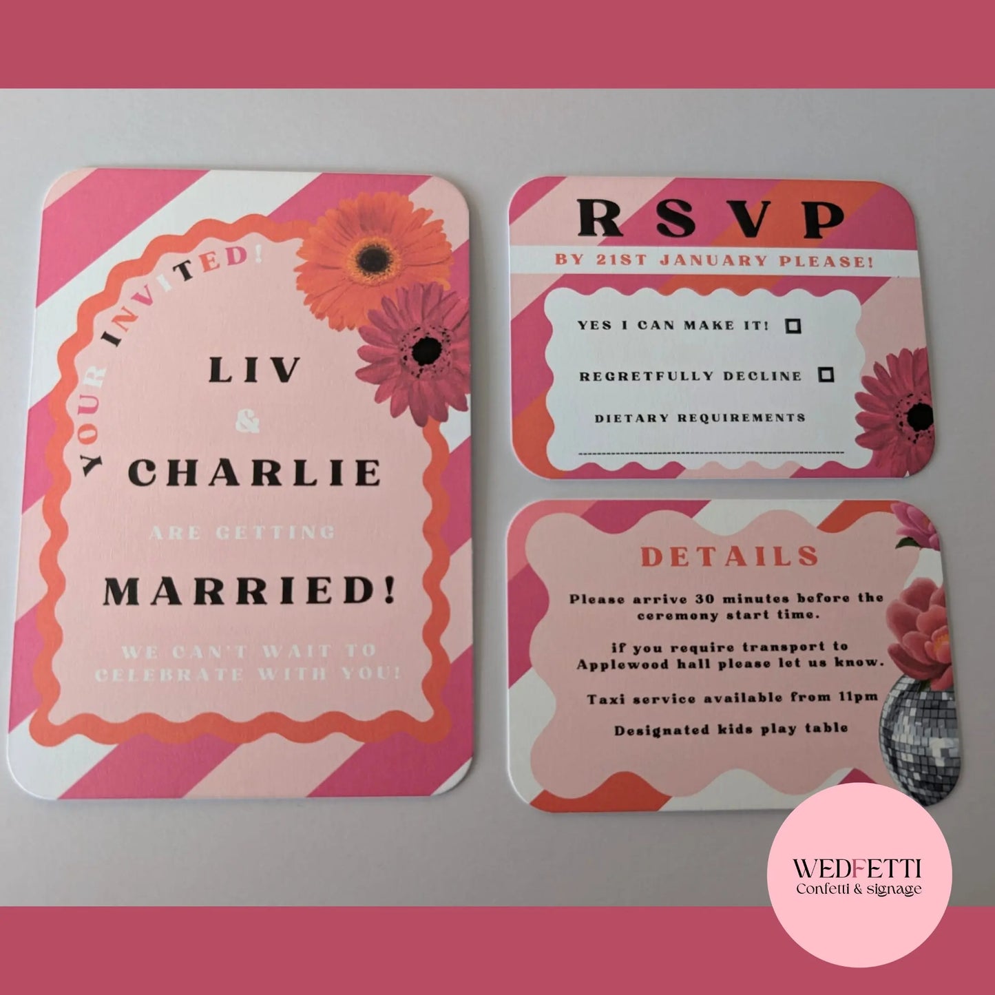 Invitation/RSVP/Details bundle 30 card pack - Electric Fuscia WedFetti