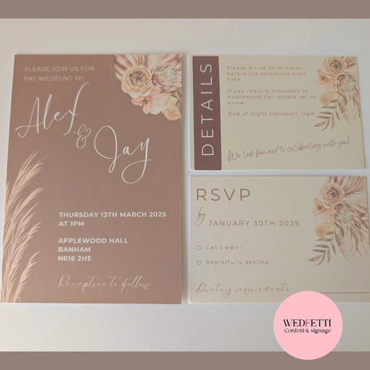 Invitation/RSVP/Details bundle 30 card pack - Neutral Boho WedFetti