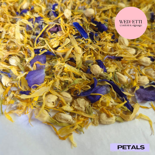 Petal Confetti Marigold Delphinium mix with jasmine buds + lavender
