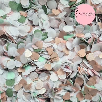 Slow falling paper Confetti - Sage Blush Rose Gold + Rose Gold hearts