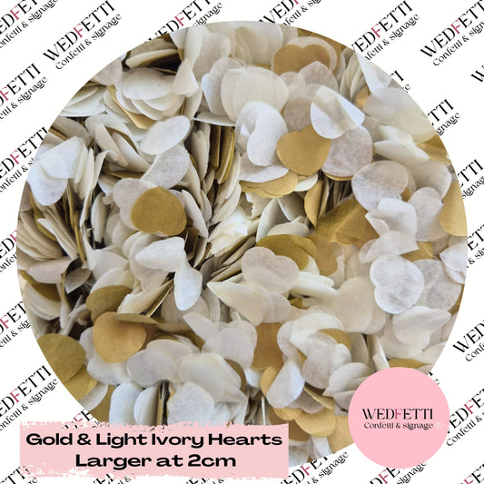 Slow falling paper Confetti larger at 2cm - Gold & Light Ivory Hearts